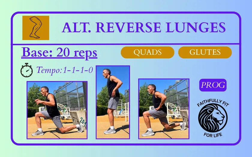 PROG deck card — Alternating Reverse Lunges, 20 reps